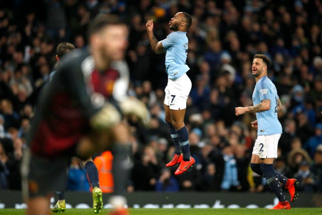 Raheem Sterling celebrates scoring at the Etihad Stadium 