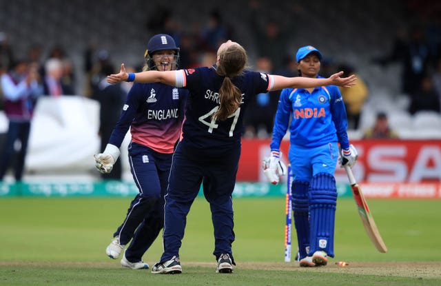 England’s Anya Shrubsole celebrates the wicket of India’s Rajeshwari Gayakwad during the ICC Women’s World Cup final in 2017