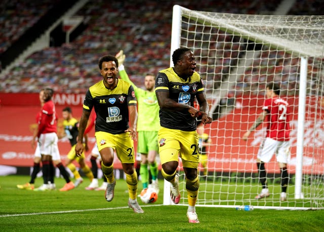 Michael Obafemi celebrates Southampton's late leveller at Old Trafford