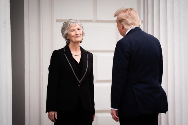 President Catherine Connolly welcomes US President Donald Trump as he arrives for a meeting at Áras an Uachtaráin