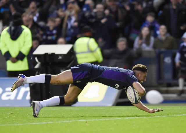 Adam Hastings scored his first Scotland try against Fiji