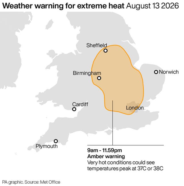 A map showing warning areas for extreme heat on August 13
