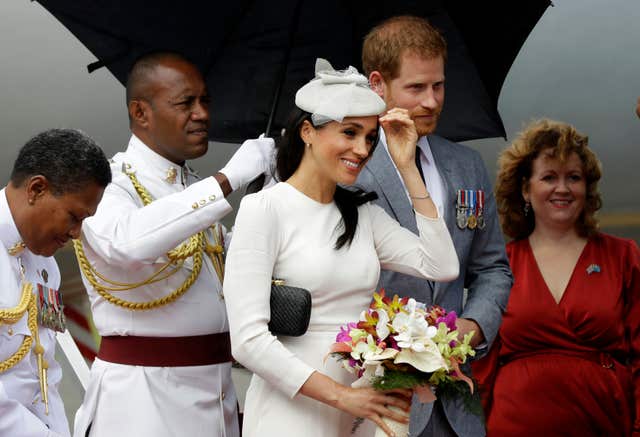 The Duke and Duchess of Sussex on their arrival in Suva, Fiji, on Tuesday (Kirsty Wigglesworth/PA)