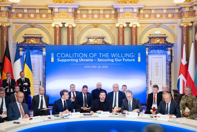 From left, German Chancellor Friedrich Merz, French President Emmanuel Macron, Ukrainian President Volodymyr Zelensky, Prime Minister Sir Keir Starmer and Poland’s Prime Minister Donald Tusk at the Presidential Palace in Kyiv