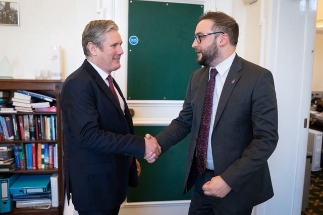 Labour leader Sir Keir Starmer with Bury South MP Christian Wakeford, who has defected from the Conservatives to Labour, in his office in the Houses of Parliament