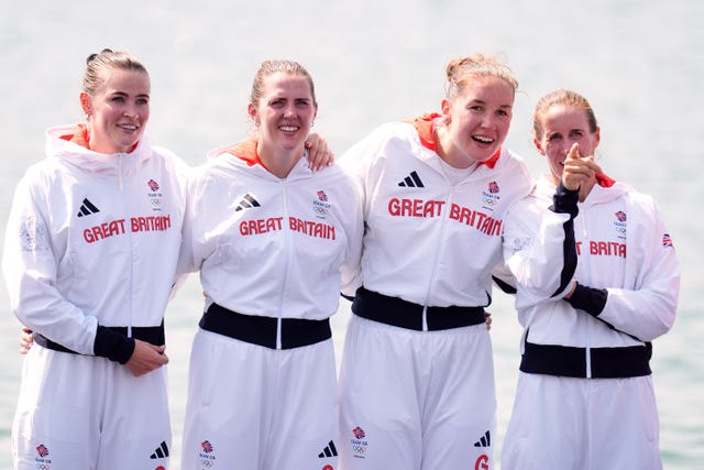 The women Team GB fours on the podium.