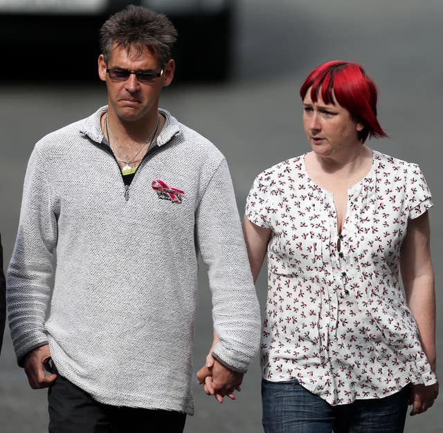 Paul Jones with April's mother Coral Jones during the trial of Mark Bridger at Mold Crown Court (Peter Byrne/PA)