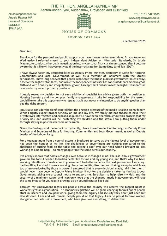 Handout photo of the first page of Angela Rayner’s resignation letter