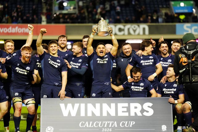 Scotland’s Sione Tuipulotu lifts the Calcutta Cup