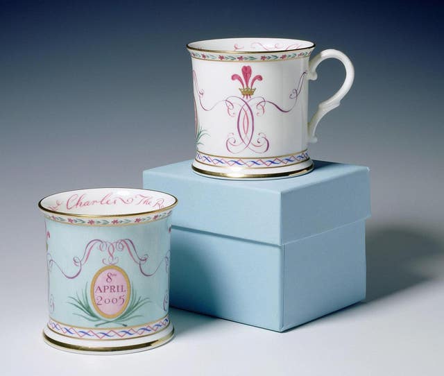 Two official china tankards celebrating Charles and Camilla's marriage featuring the date April 8 - which was later changed (Royal Collection/PA)