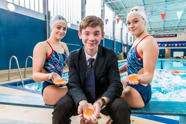 Kate Shortman and Isabelle Thorpe with big bang competition finalist Luke De Bretton-Gordon, who has invented an ‘edible water bottle'