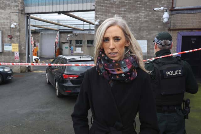 Upper Bann MP Carla Lockhart speaking to the media outside the police station in Lurgan