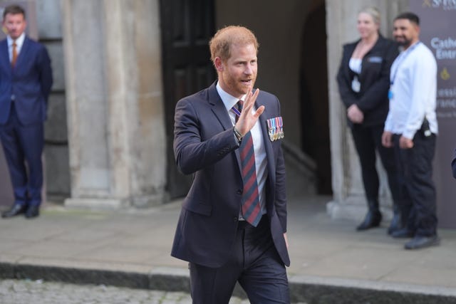 The Duke of Sussex leaves St Paul’s Cathedral in London after attending a service of thanksgiving to mark the 10th anniversary of the Invictus Games