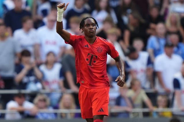 Bayern Munich�s Mathys Tel celebrates scoring his sides first goal of the game during the pre-season friendly match at the Tottenham Hotspur Stadium,