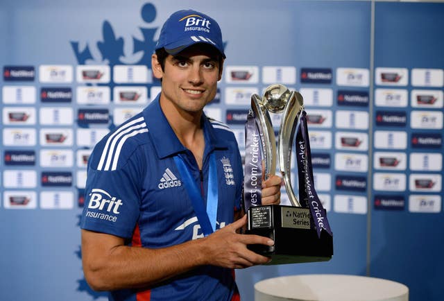 England captain Alastair Cook poses with the NatWest Series trophy after beating West Indies