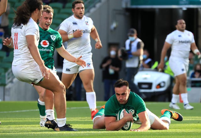 Ronan Kelleher, right, scored four of Ireland's tries on Saturday evening