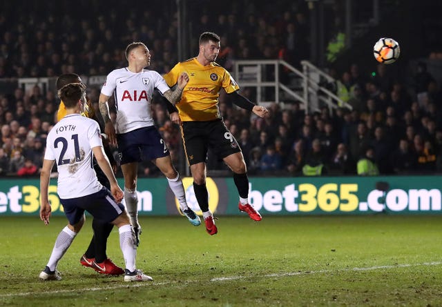 Padraig Amond headed Newport in front against Tottenham