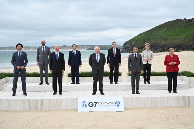 Left to right, Canadian Prime Minister Justin Trudeau, president of the European Council Charles Michel, US President Joe Biden, Japanese Prime Minister Yoshihide Suga, British Prime Minister Boris Johnson, Italian Prime Minister Mario Draghi, French President Emmanuel Macron, president of the European Commission Ursula von der Leyen and German Chancellor Angela Merkel during the leaders' official welcome and family photo in Carbis Bay during the G7 summit in Cornwall