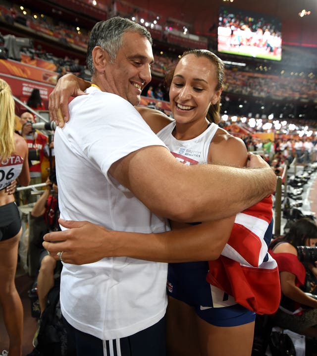 Toni Minichiello, left, celebrates with Jessica Ennis-Hill after her World Championship gold medal in 2015