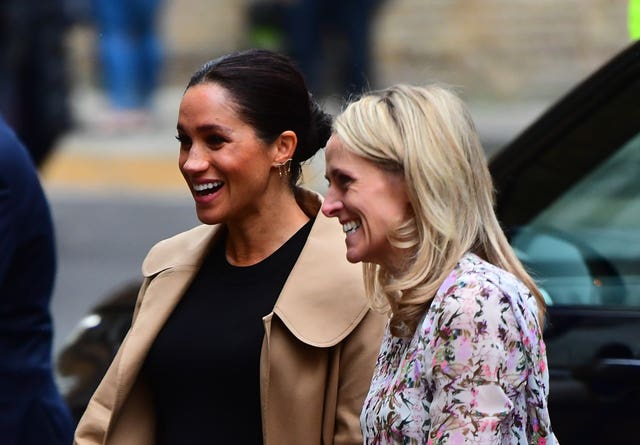 Kate Stephens (right) CEO of Smart Works welcomes the Duchess of Sussex as she arrives for a visit to Smart Works. Victoria Jones/PA Wire