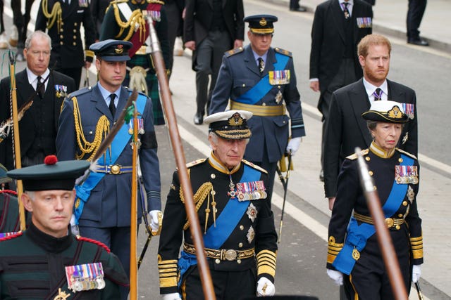 The King followed the Queen's coffin alongside his siblings and son (Peter Byrne/PA)