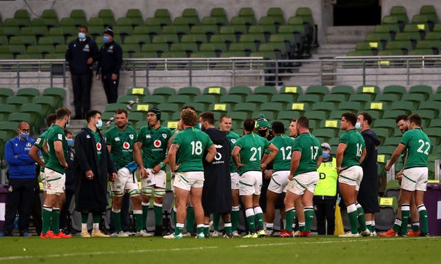 Ireland players come together after the match in Dublin 