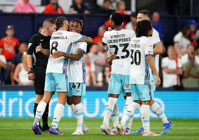 Burnley’s Wilson Odobert celebrates scoring Burnley’s second (Zac Goodwin/PA)
