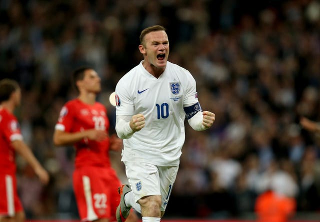 Wayne Rooney celebrates become the first England player to score 50 international goals, against Switzerland in 2015