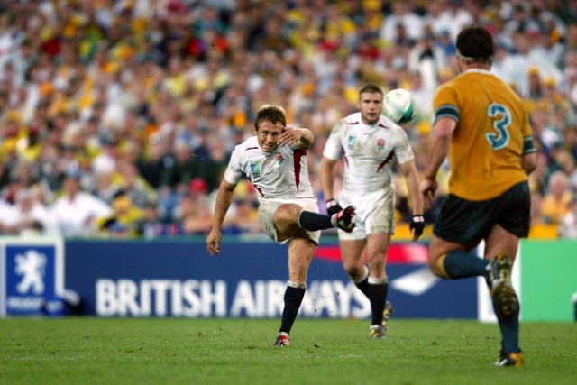 Jonny Wilkinson kicks the winning drop goal to clinch the Rugby World Cup for England in the final seconds