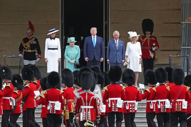 US President Donald Trump and his wife Melania are welcomed by the Queen, the Prince of Wales and the Duchess of Cornwall during the Ceremonial Welcome at Buckingham Palace