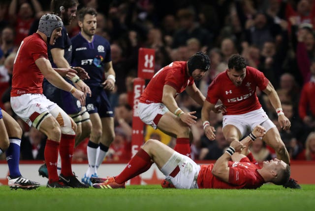 Wales’ George North celebrates scoring