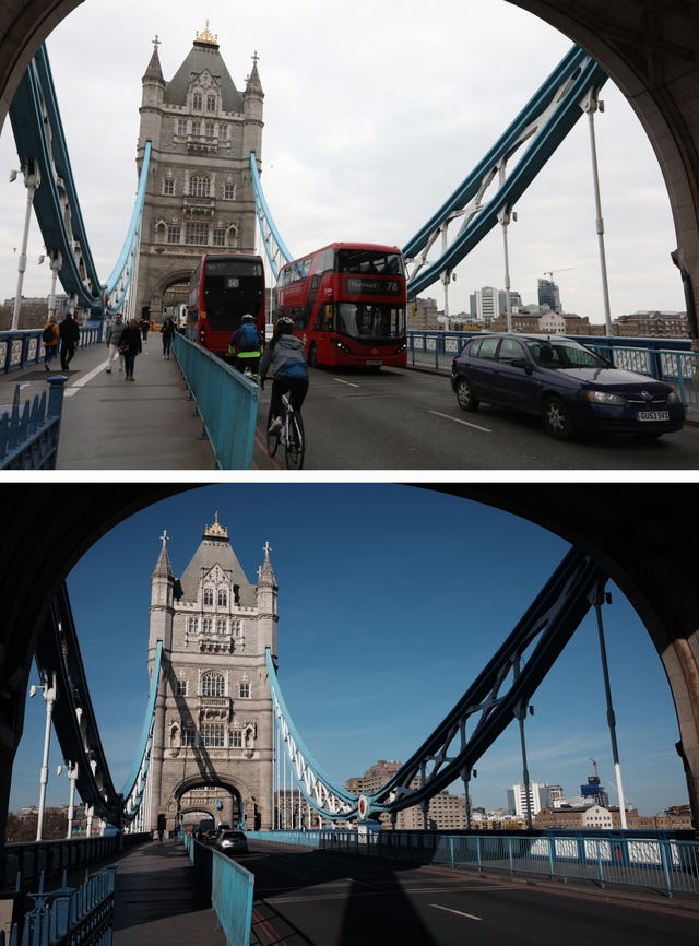 Composite of photos of Tower Bridge in London taken today (top) and the same view on 24/03/20 (bottom), the day after Prime Minister Boris Johnson put the UK in lockdown