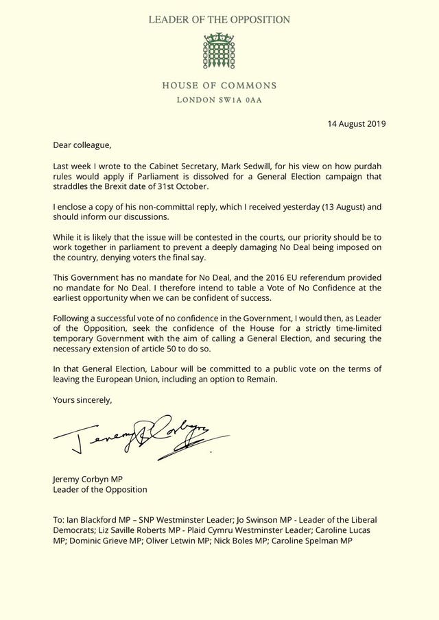 Corbyn outlines opposition to No Deal