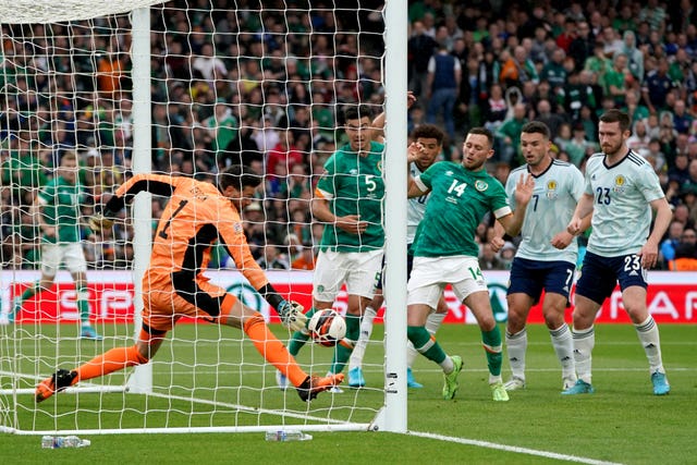 Alan Browne (centre) bundles home the opening goal