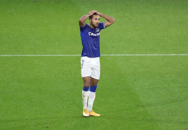 Everton striker Dominic Calvert-Lewin stands with his hands on his head