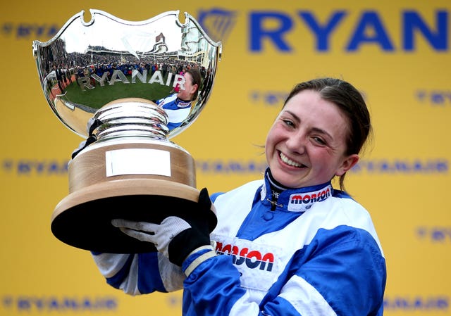 Bryony Frost with the Ryanair Chase trophy