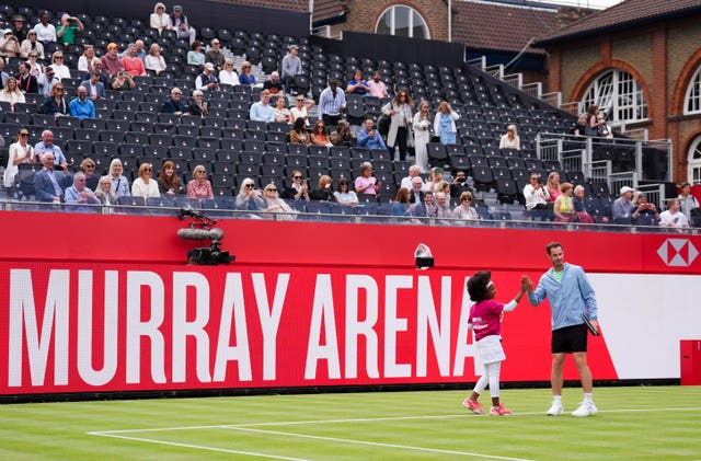 Andy Murray on Centre Court, which has been renamed Andy Murray Arena, on day one of the HSBC Championships at The Queen’s Club, London. Picture date: Monday June 9, 2025.