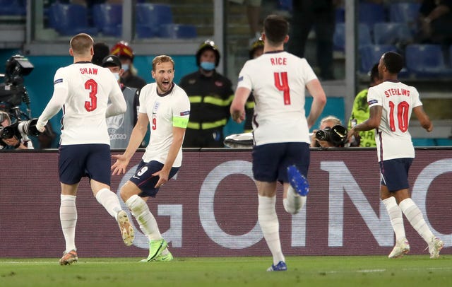 Kane (second left) scored a fourth-minute opener in England's comfortable victory over Ukraine (Nick Potts/PA).