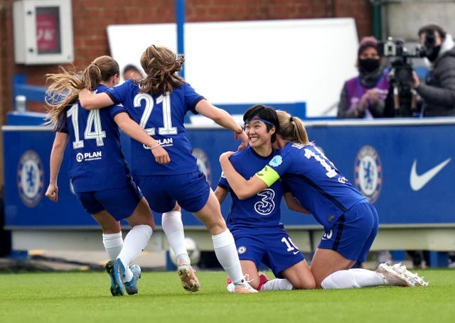 Chelsea's Ji So-yun is congratulated after scoring her side's second goal