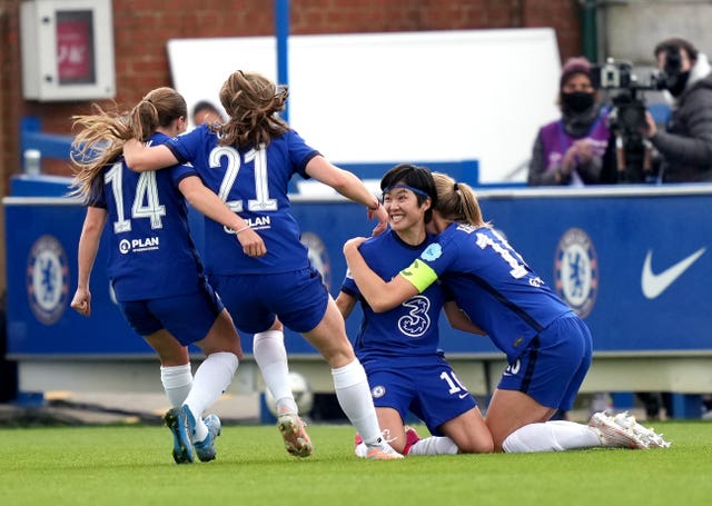 Chelsea's Ji So-yun is congratulated after scoring her side's second goal