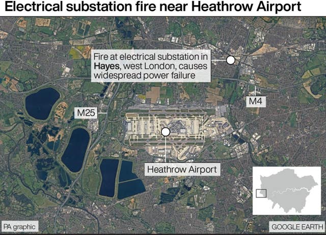 A PA map graphic showing the location of an electrical substation fire near Heathrow Airport