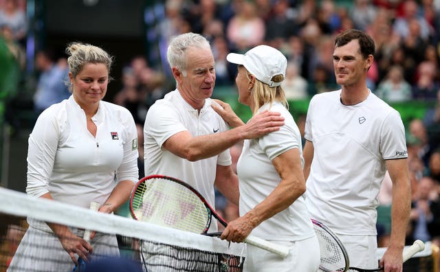 Jamie Murray, right, teamed up with Martina Navratilova to take on John McEnroe and Kim Clijsters under Court One's new roof