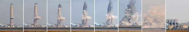 A composite photo of the demolition of the chimney stack (Gareth Fuller/PA)