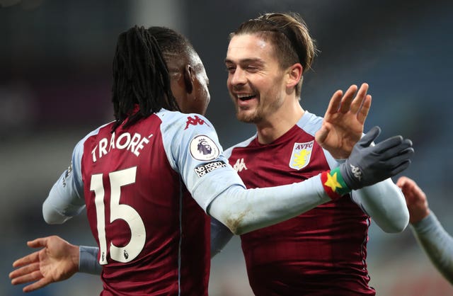Bertrand Traore, left, combined with Jack Grealish for Villa''s second goal