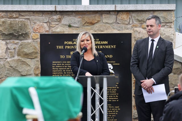 Michelle O’Neill speaks during the funeral of Bobby Storey at Milltown Cemetery in west Belfast