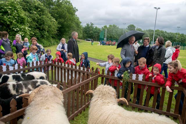 The Prince of Wales shelters under an umbrella as he looks at some sheep with local children during his visit (Steve Parsons/PA)