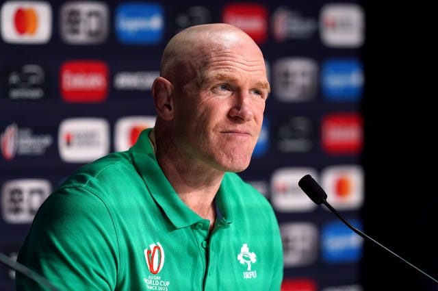 Ireland forwards coach Paul O’Connell speaking during a pre-match press conference in Paris