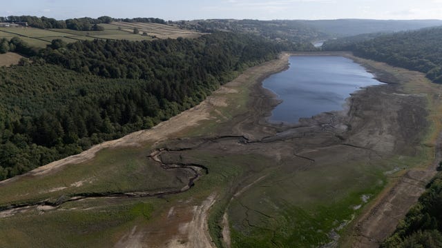 A general view of low water levels at Broomhead Reservoir