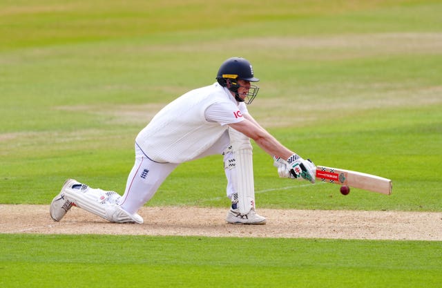 Zak Crawley sweeps the ball against Zimbabwe
