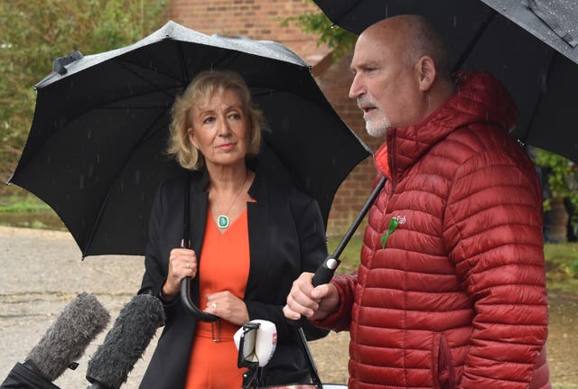 Andrea Leadsom MP and Harry Dunn family spokesman Radd Seiger speak to the media in Brackley, Northamptonshire